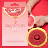 The Doc Johnson GoodHead Grapefruit Blowjob Set merges enticing oral pleasure with a unique grapefruit design. It includes an ULTRASKYN open-ended stroker, glide, and refresh powder packet, all in a pink and red theme to enhance your intimate moments.